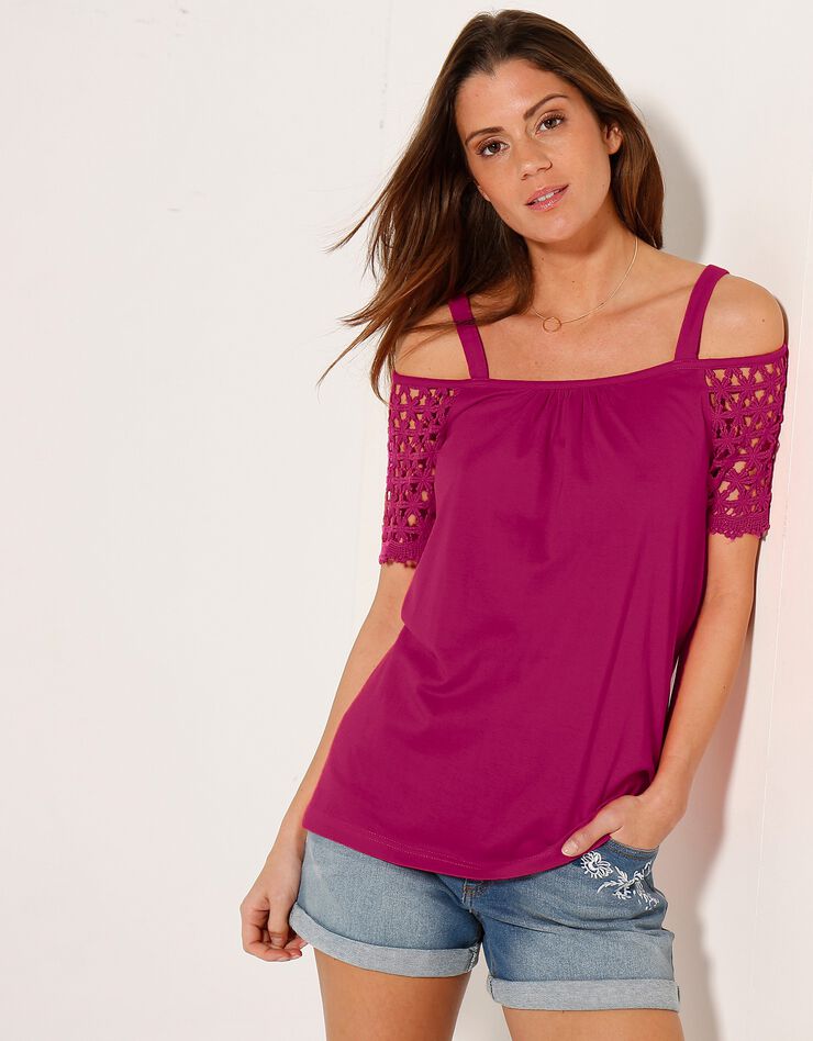 Tee-shirt macramé épaules dénudées (framboise) Tee-shirt macramé épaules dénudées (framboise)