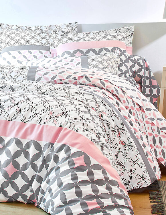Linge de lit Marlow en coton motifs g&eacute;om&eacute;triques (gris / rose)