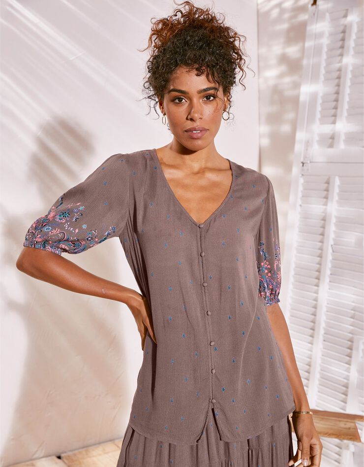 Blouse boutonnée manches imprimé base, crépon (taupe) Blouse boutonnée manches imprimé base, crépon (taupe)