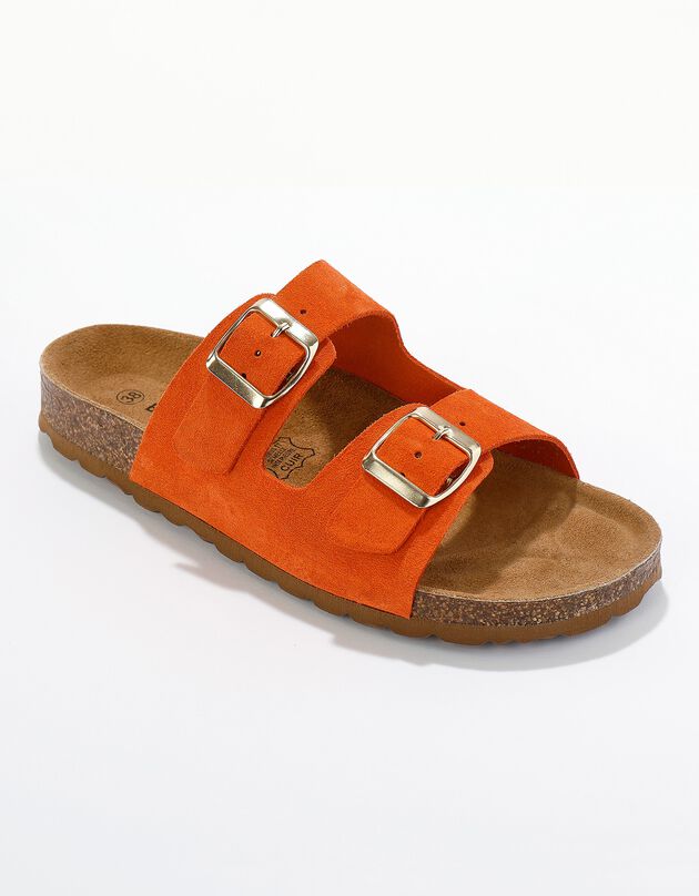 Mules croûte de cuir 2 boucles réglables (orange)