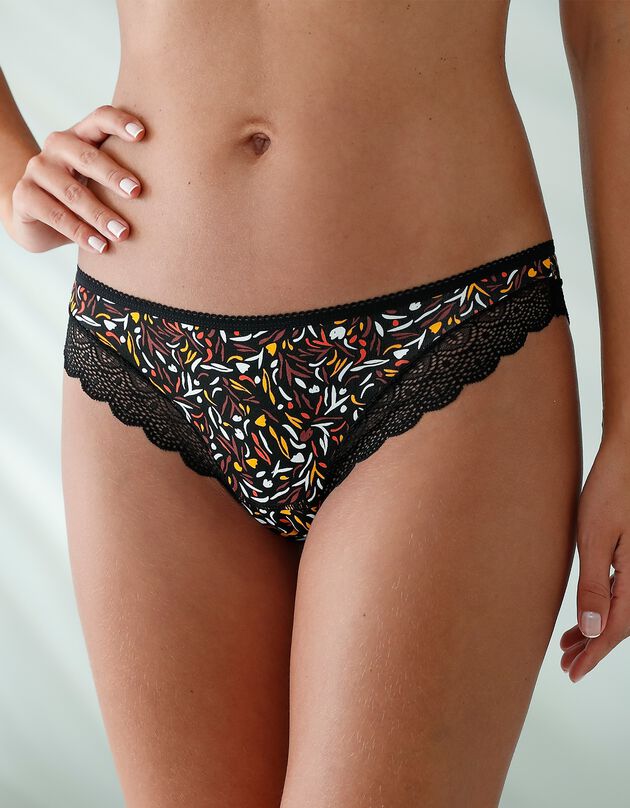 Culotte forme tanga en coton imprimé et dentelle - lot de 3 (noisette + corail + noir) Culotte forme tanga en coton imprimé et dentelle - lot de 3 (noisette + corail + noir)