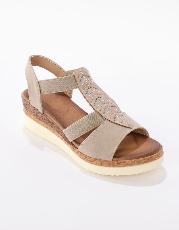 Sandales compensées à feuille perlée, talon fantaisie tri-matière (beige)