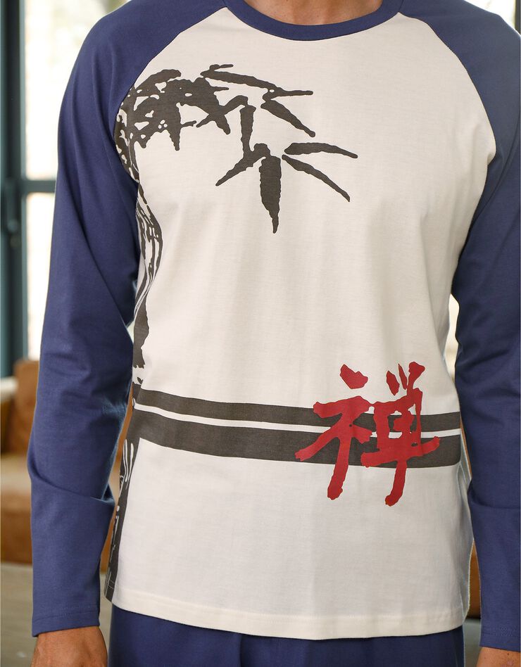 Pyjama pantalon motif bambou manches longues (écru / indigo)