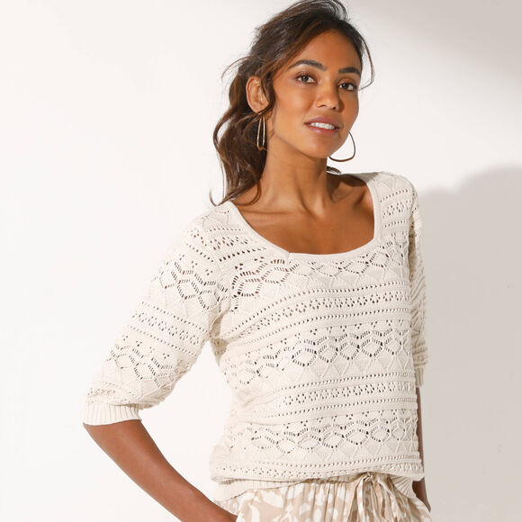 Pull col carr&eacute; uni, maille ajour&eacute;e (&eacute;cru)