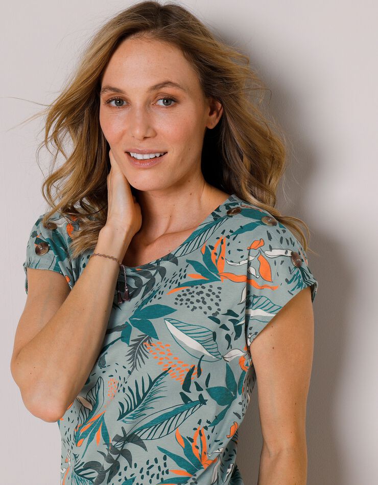 Tee-shirt col rond imprimé tropical (vert grisé / corail)