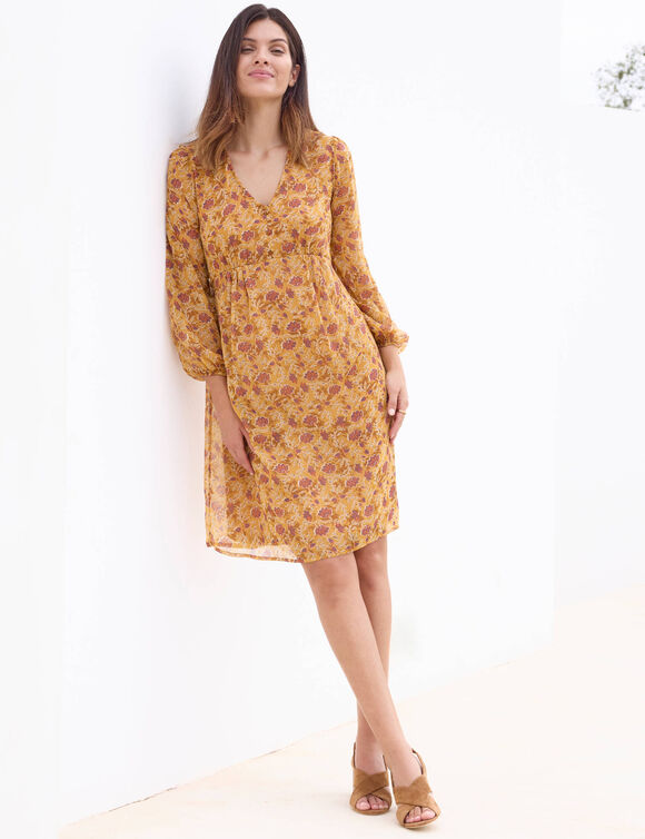 Robe courte, en voile imprim&eacute; (noisette / &eacute;cru)