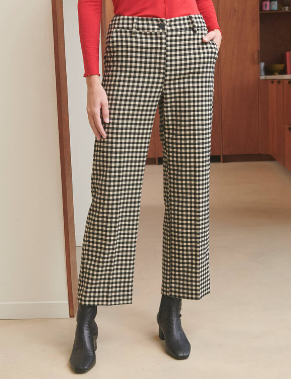 Pantalon droit large raccourci, &agrave; carreaux (noir / &eacute;cru)