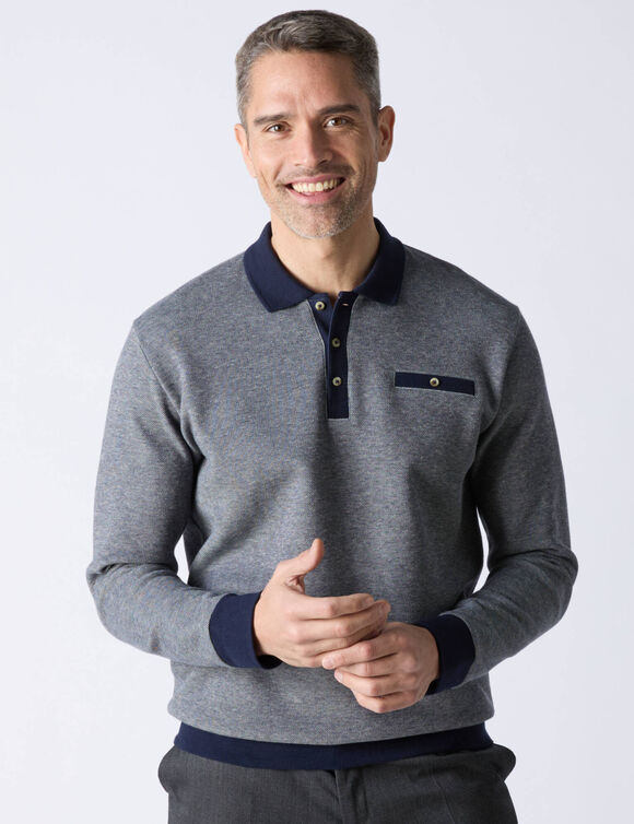 Polo bicolore maille chaude, manches longues (marine)