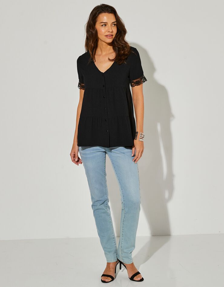 Blouse boutonnée volantée unie (noir) Blouse boutonnée volantée unie (noir)