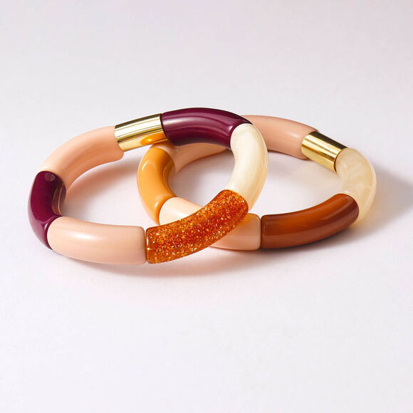Bracelet "tubes" &eacute;lastiqu&eacute; - lot de 2 (prune / rose)