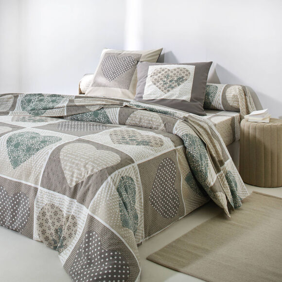 Linge de lit Lovely en flanelle imprim&eacute; coeurs  (beige / vert)