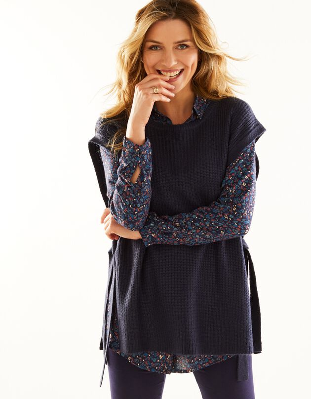 Pull tunique sans manches, maille anglaise toucher mohair (marine)