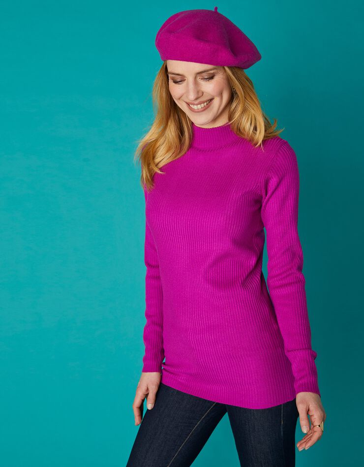 Pull col montant long, maille côtelée (rose fuchsia) Pull col montant long, maille côtelée (rose fuchsia)