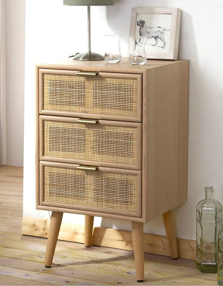 Commode 3 tiroirs RANAË - bois et cannage rotin (naturel)