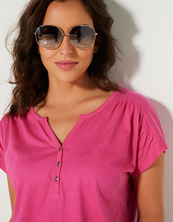 Tee-shirt col tunisien manches courtes, uni (rose) Tee-shirt col tunisien manches courtes, uni (rose)