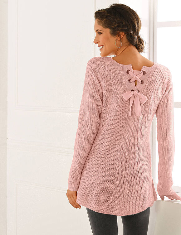 Pull dos lac&eacute;, maille anglaise (rose poudr&eacute;)