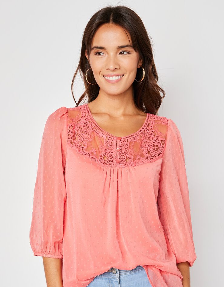 Blouse macramé unie, voile plumetis (corail) Blouse macramé unie, voile plumetis (corail)
