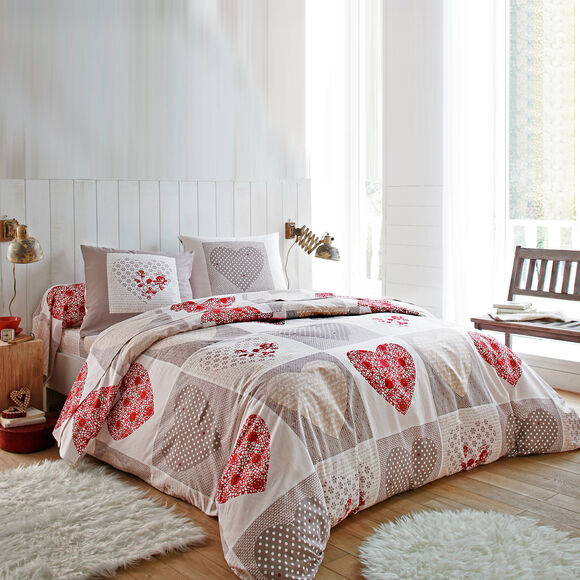 Linge de lit Lovely en flanelle imprimé coeurs  (taupe / rouge)