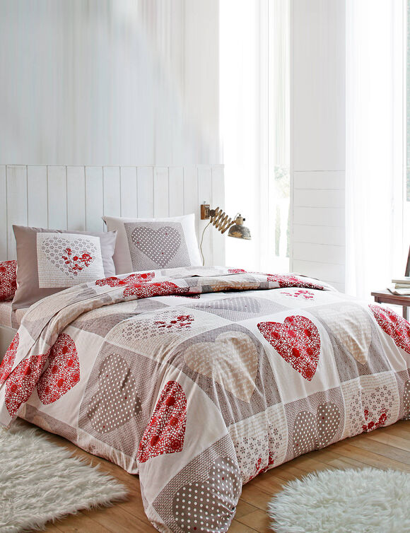 Linge de lit Lovely en flanelle imprimé coeurs  (taupe / rouge)