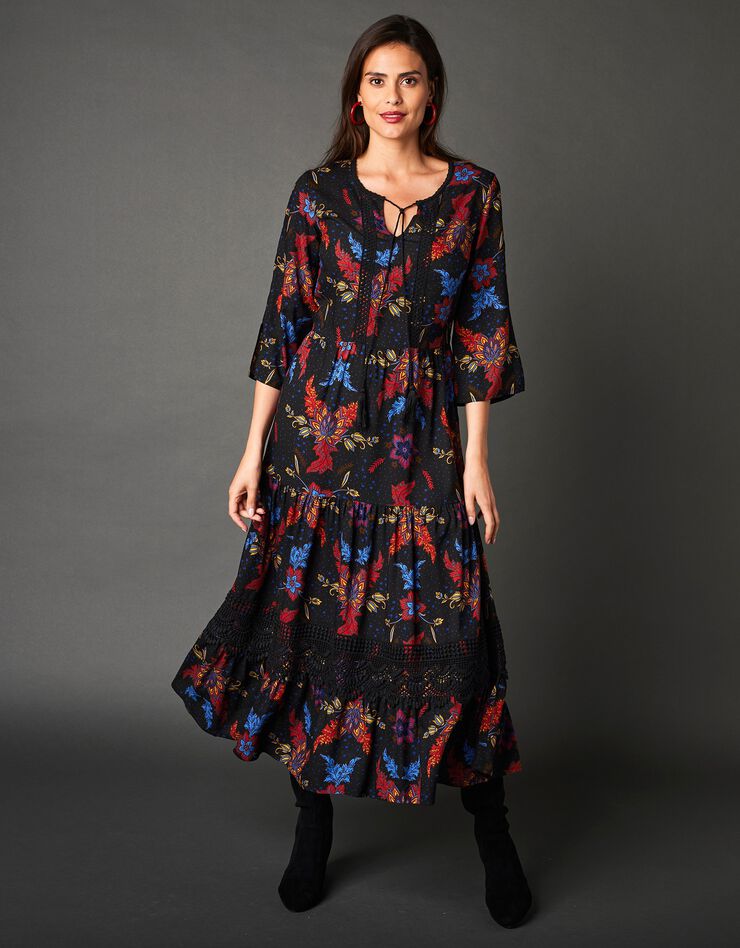 Robe longue imprimée manches 3/4 (noir / rouge)