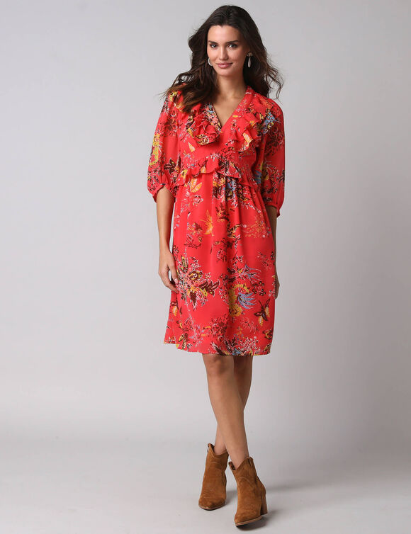 Robe courte volant&eacute;e &agrave; manches 3/4 ballon, voile imprim&eacute; fleuri (corail / &eacute;cru)