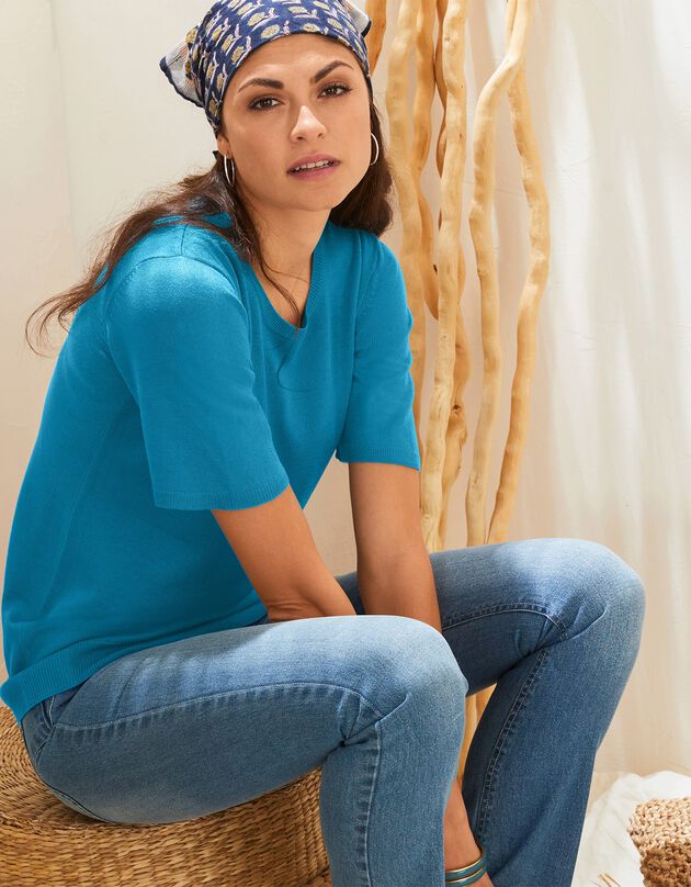 Pull uni manches courtes toucher cachemire (bleu prusse)