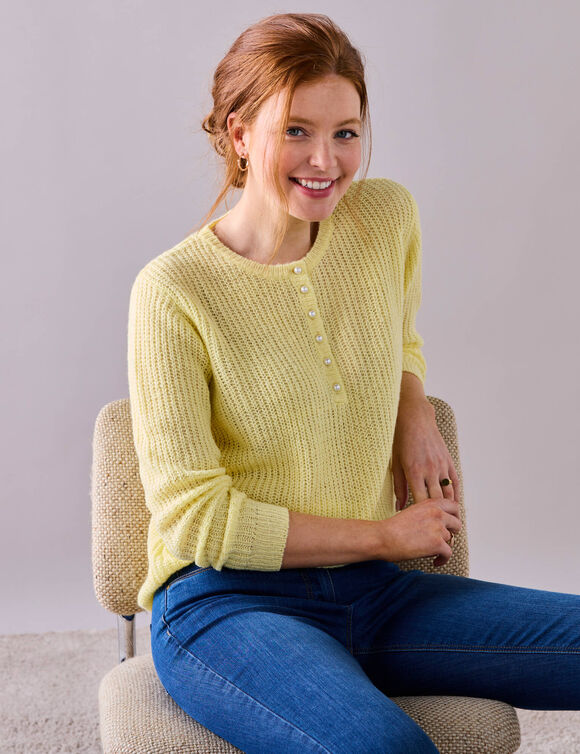 Pull col tunisien, maille anglaise toucher doux (jaune pâle)