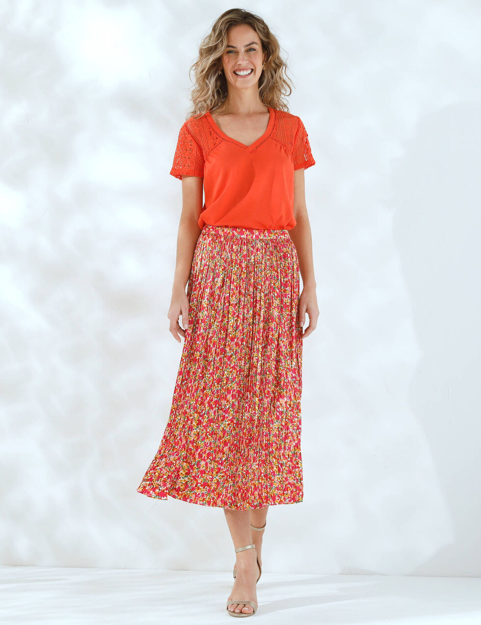 Jupe pliss?�e satin imprim?�, orange / rose | Blancheporte