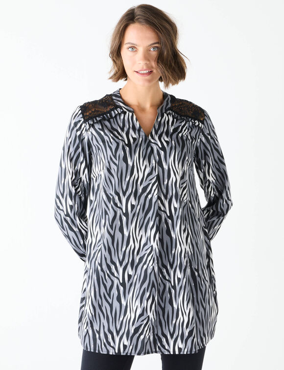 Tunique dentelle manches longues imprimée zèbre  (noir / gris)