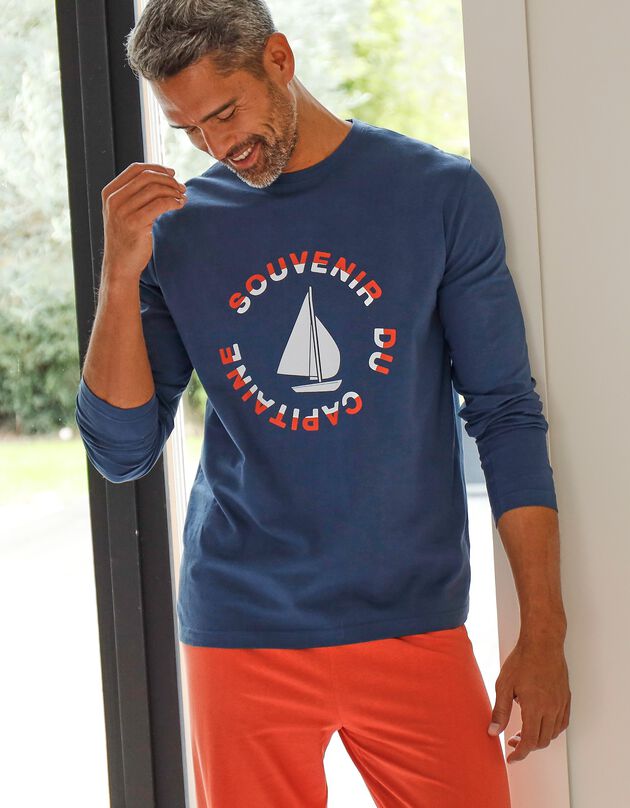 Tee-shirt pyjama manches longues motif bateau (marine / orange)