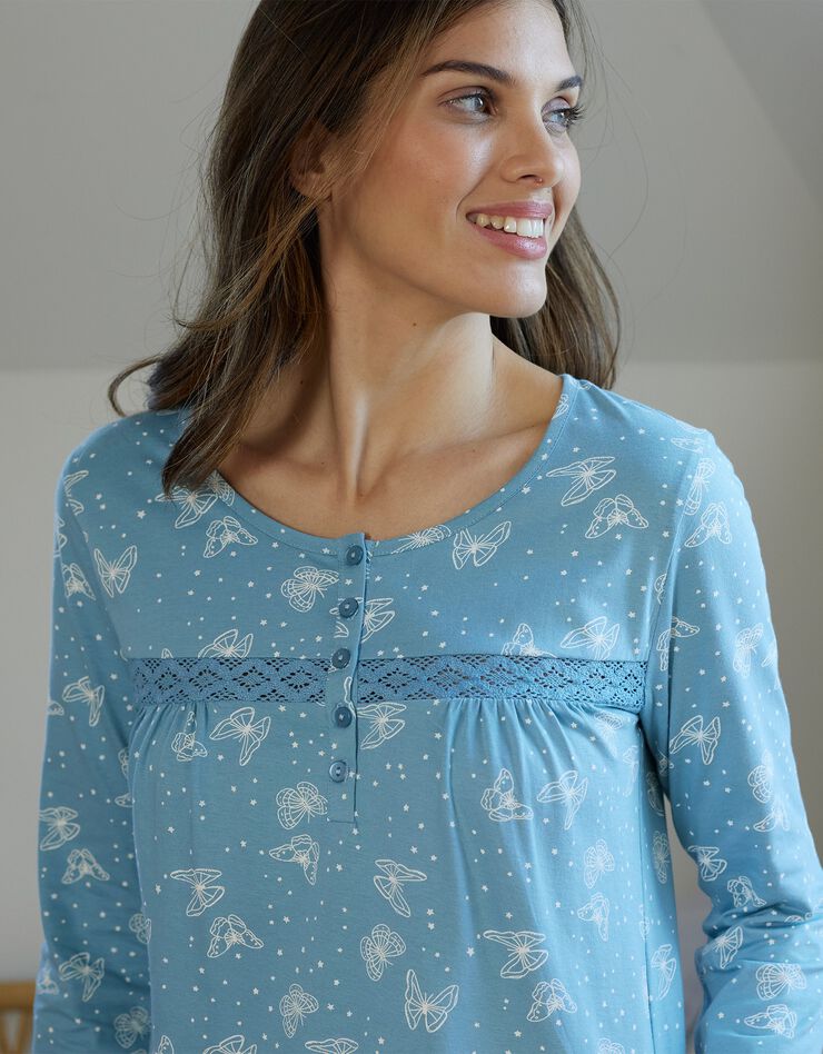 Chemise de nuit longue manches longues imprimée "papillons" (bleu grisé) Chemise de nuit longue manches longues imprimée "papillons" (bleu grisé)