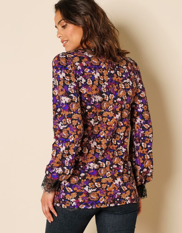 Tee-shirt imprimé fleuri col V à dentelle écailles (noir / caramel) Tee-shirt imprimé fleuri col V à dentelle écailles (noir / caramel)