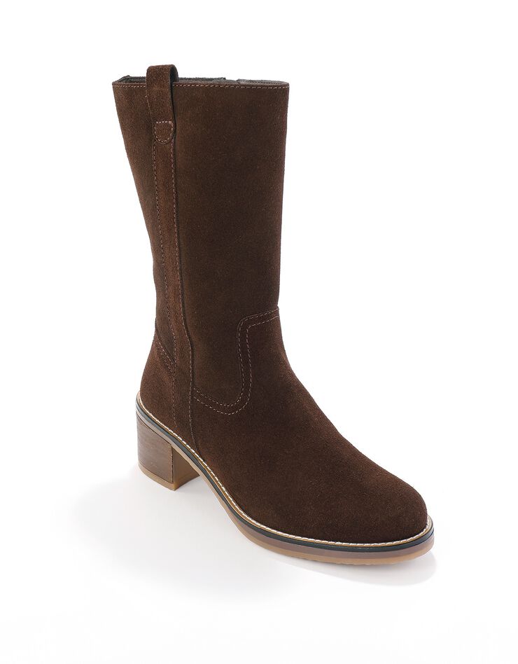 Bottes mi-hautes en croûte de cuir à talon (chocolat)