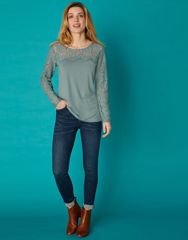 Tee-shirt col rond manches longues, dentelle jersey (kaki) Tee-shirt col rond manches longues, dentelle jersey (kaki)