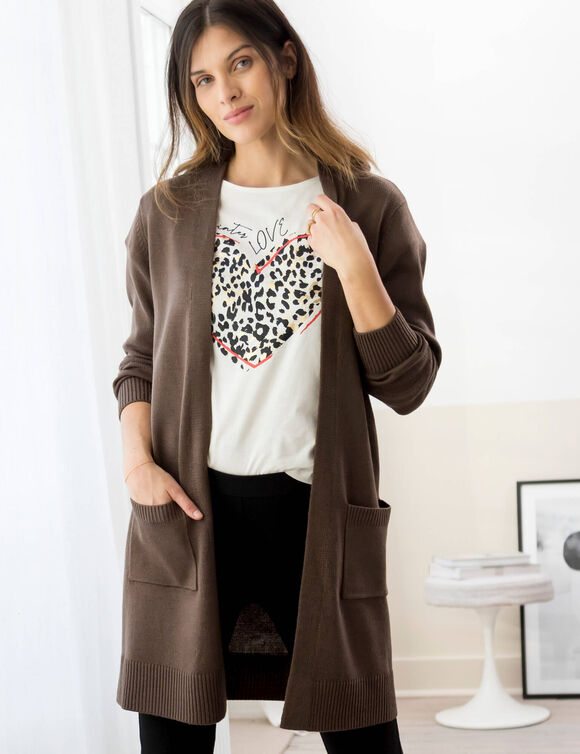 Gilet long porter ouvert, col V (chocolat)