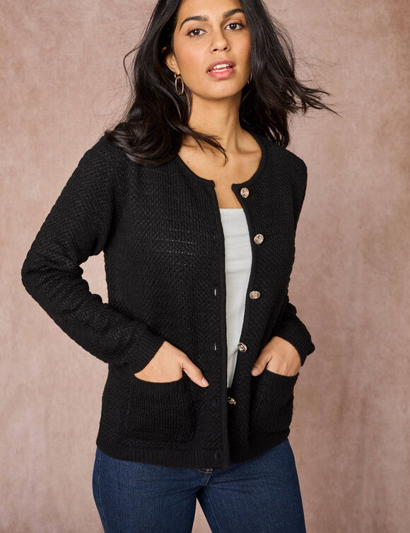 Cardigan uni maille fantaisie (noir)