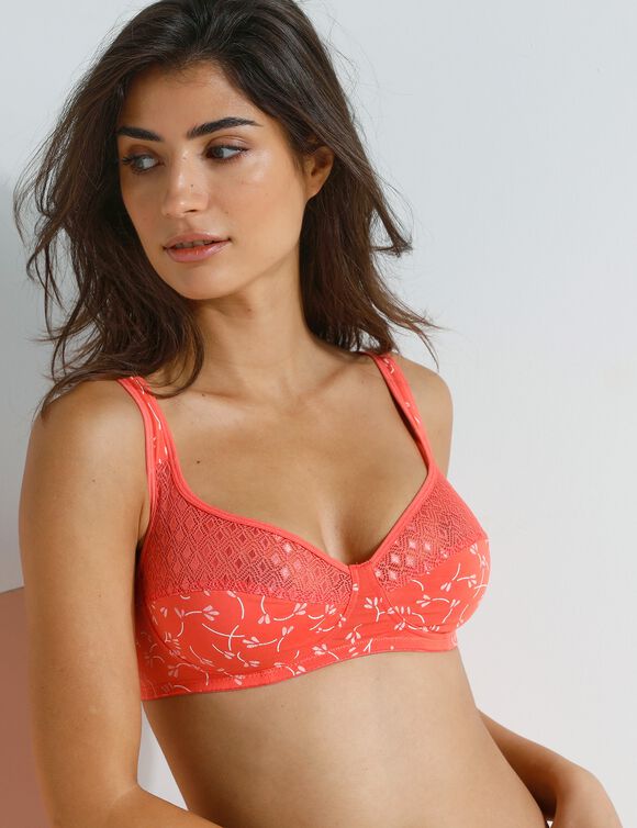 Soutien-gorge coton dentelle imprimé fleurs Coria - sans armatures (corail)