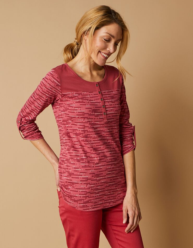 Tee-shirt col tunisien imprimé chiné (cerise chiné) Tee-shirt col tunisien imprimé chiné (cerise chiné)