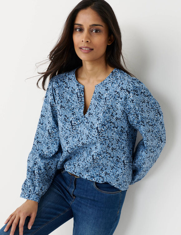 Blouse imprim&eacute;e en coton ,col fendu (bleu / marine)