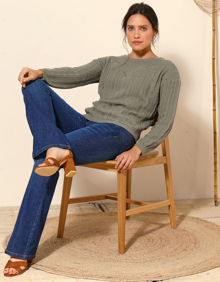 Pull col festonné, maille ajourée fantaisie (kaki) Pull col festonné, maille ajourée fantaisie (kaki)
