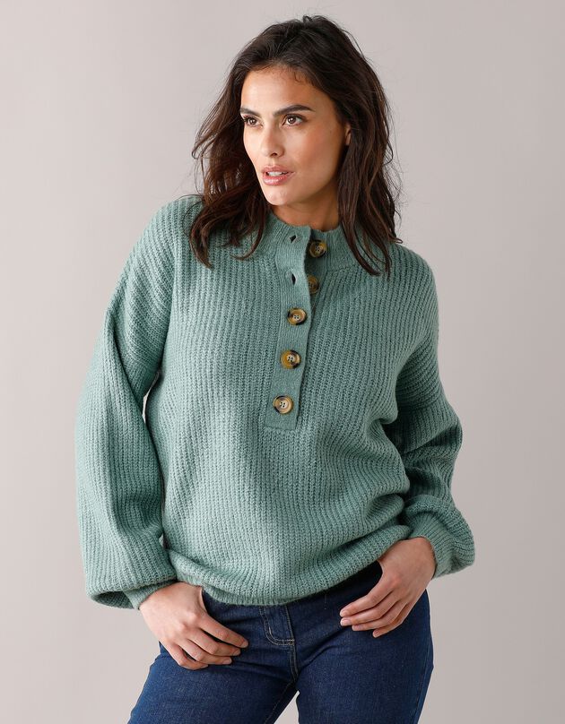 Pull col boutonné maille anglaise  (vert grisé)