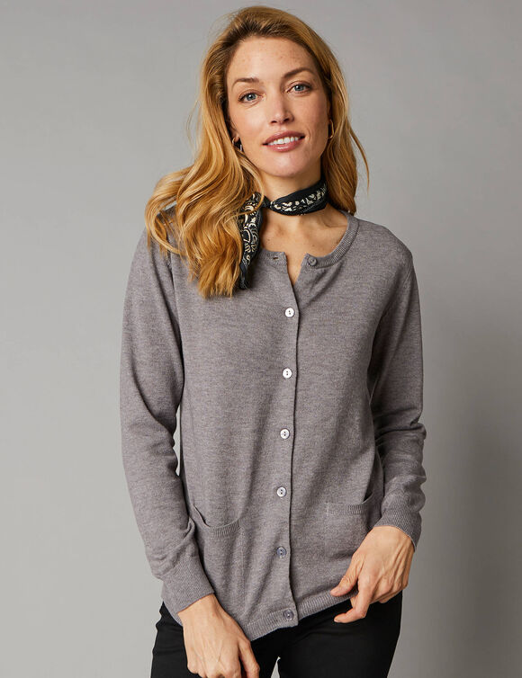Cardigan boutonné, laine d'agneau (gris chiné)