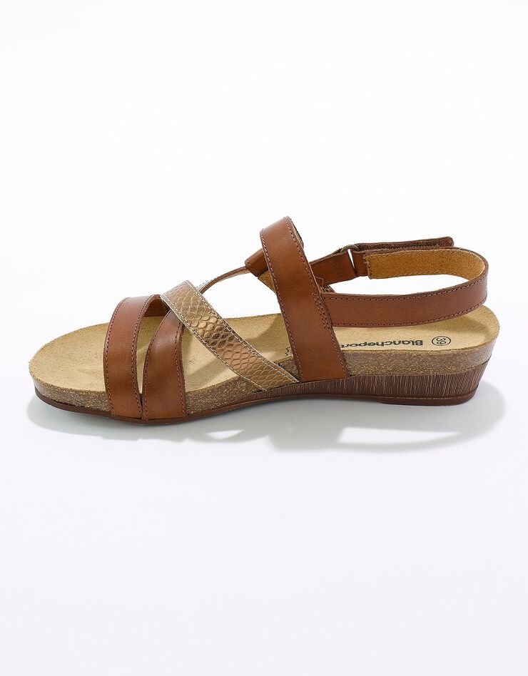 Sandales cuir scratchées compensées effet bois à semelle liège (bronze)