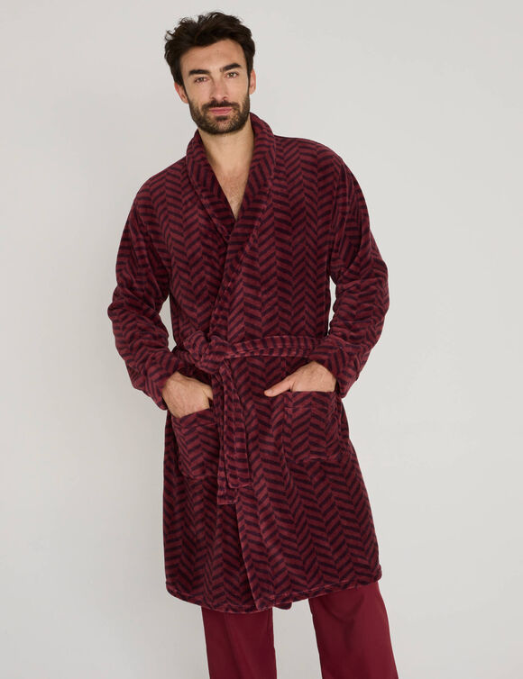 Robe de chambre polaire toucher peluche imprim&eacute; chevrons (bordeaux)