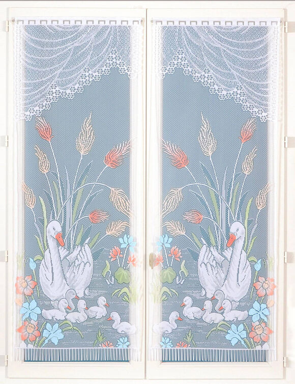 Vitrage droit motif cygnes - paire (peint)