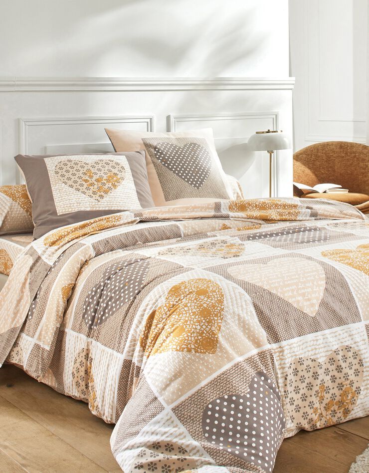 Linge de lit Lovely en coton imprimé coeurs (beige / caramel)