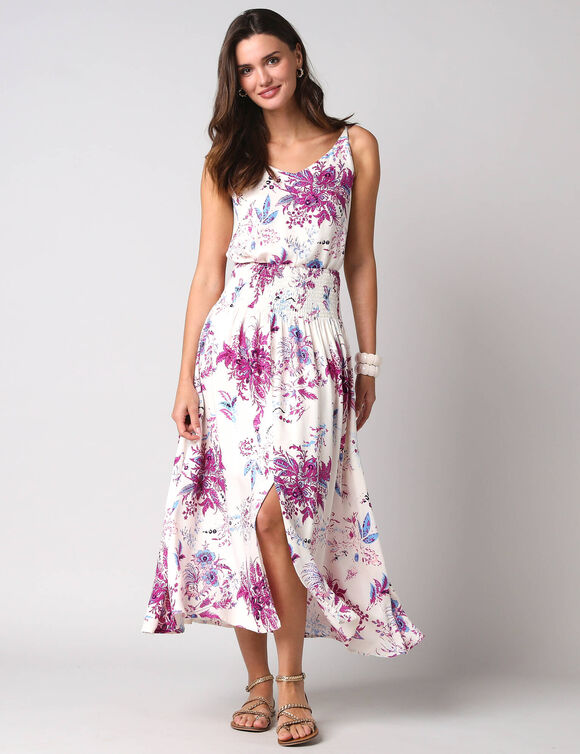 Jupe longue &eacute;vas&eacute;e imprim&eacute; floral, taille smock&eacute;e (&eacute;cru / rose)