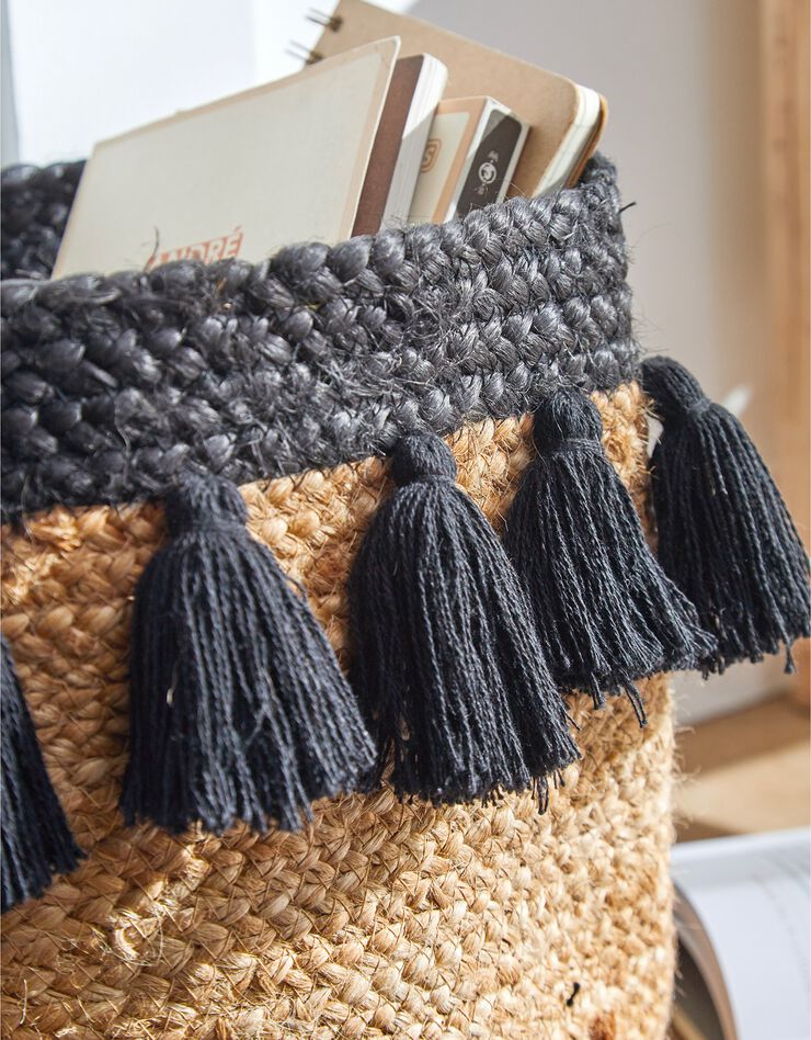 Panier rond jute pompons noirs (jute/noir)