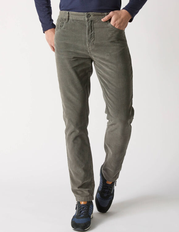 Pantalon 5 poches velours élastiqué côtés - entrej. 77 cm (vert grisé)