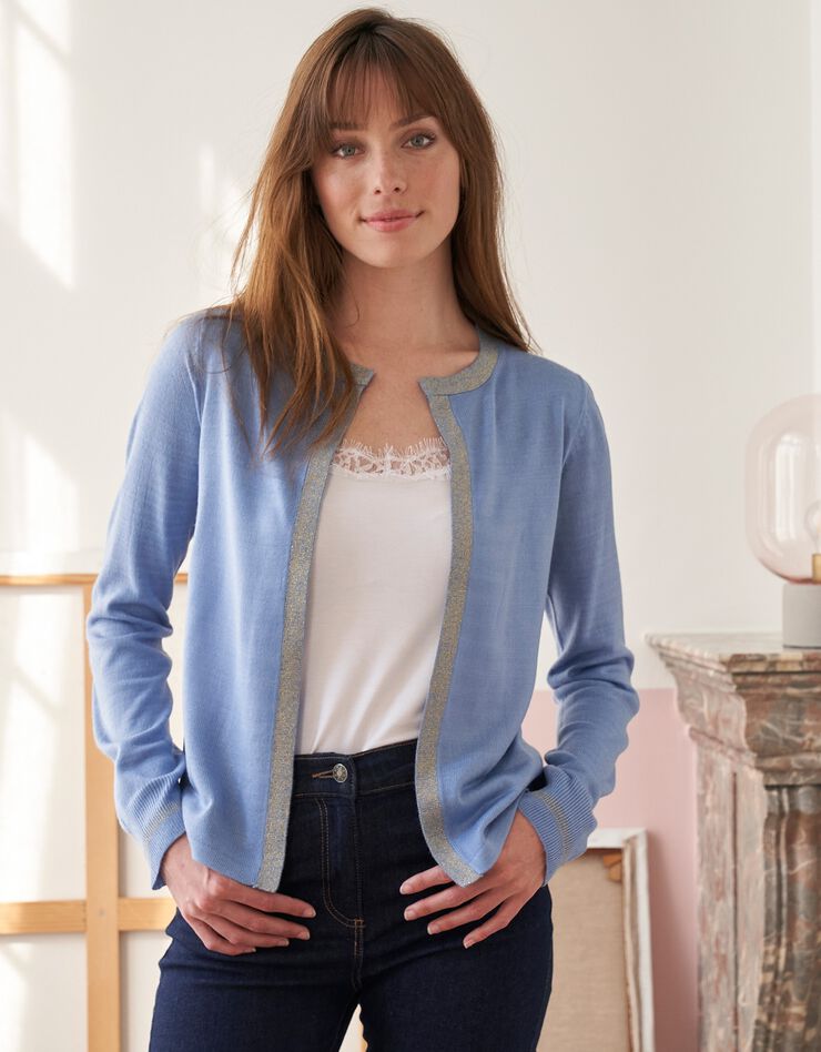 Gilet paletot toucher cachemire détails brillants (bleu grisé) Gilet paletot toucher cachemire détails brillants (bleu grisé)